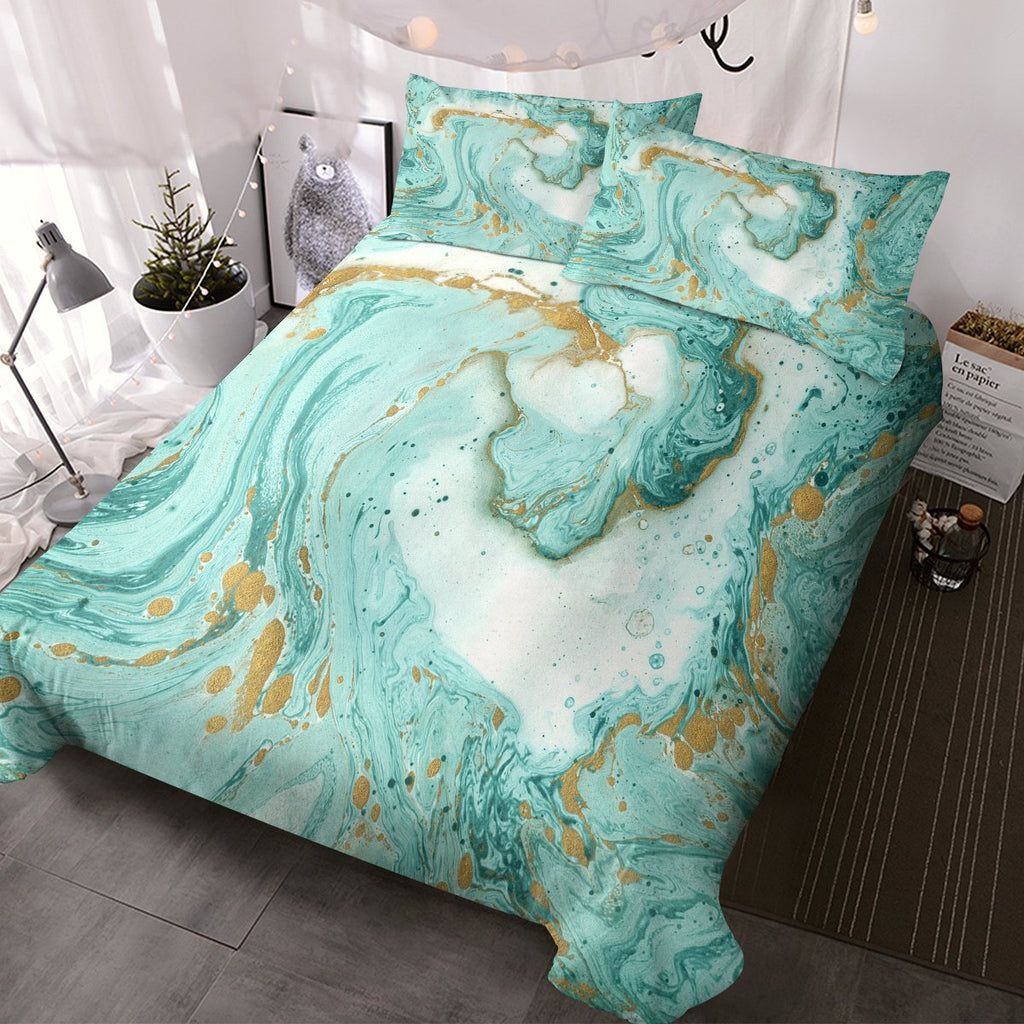 Mint Gold Marble Duvet Cover - Luxe Microfiber Bedding - Image 1