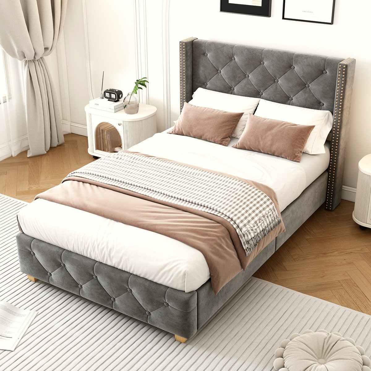 Single Velvet Bed - Grey Button Tufted Frame with Wooden Legs - Image 1