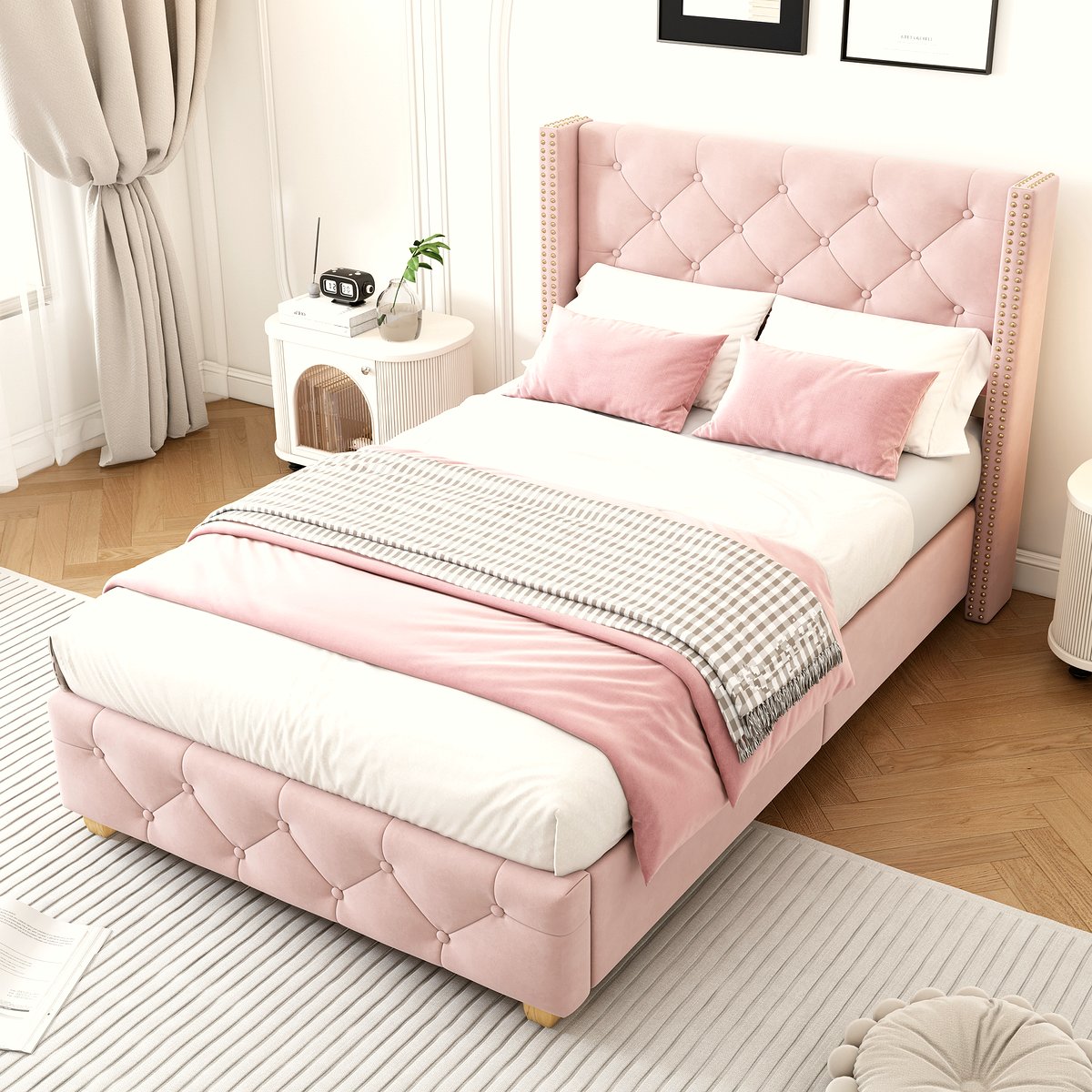 Pink Velvet Single Bed - Button Tufted with Wooden Legs - Image 1