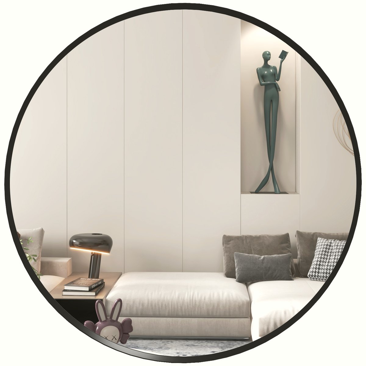 Round Wall Mirror - Black Aluminum Frame Modern Design - Image 1