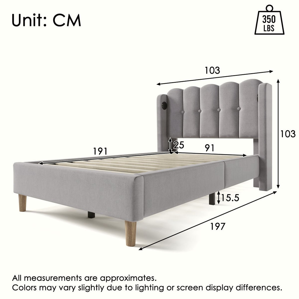 Single Bed - Grey Linen Frame with USB Charging - Image 1