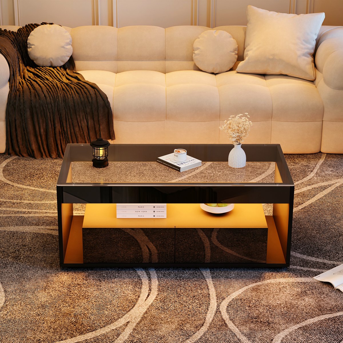 Modern LED Coffee Table - Black Glass with Storage - Image 1