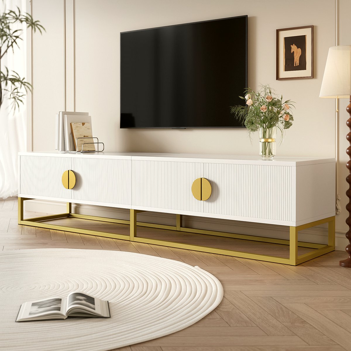 White TV Cabinet - Modern 180cm Storage with Gold Handles - Image 1