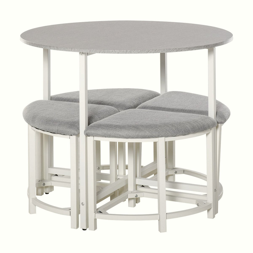 Round Dining Table Set - Grey MDF with 4 Upholstered Stools - Image 1