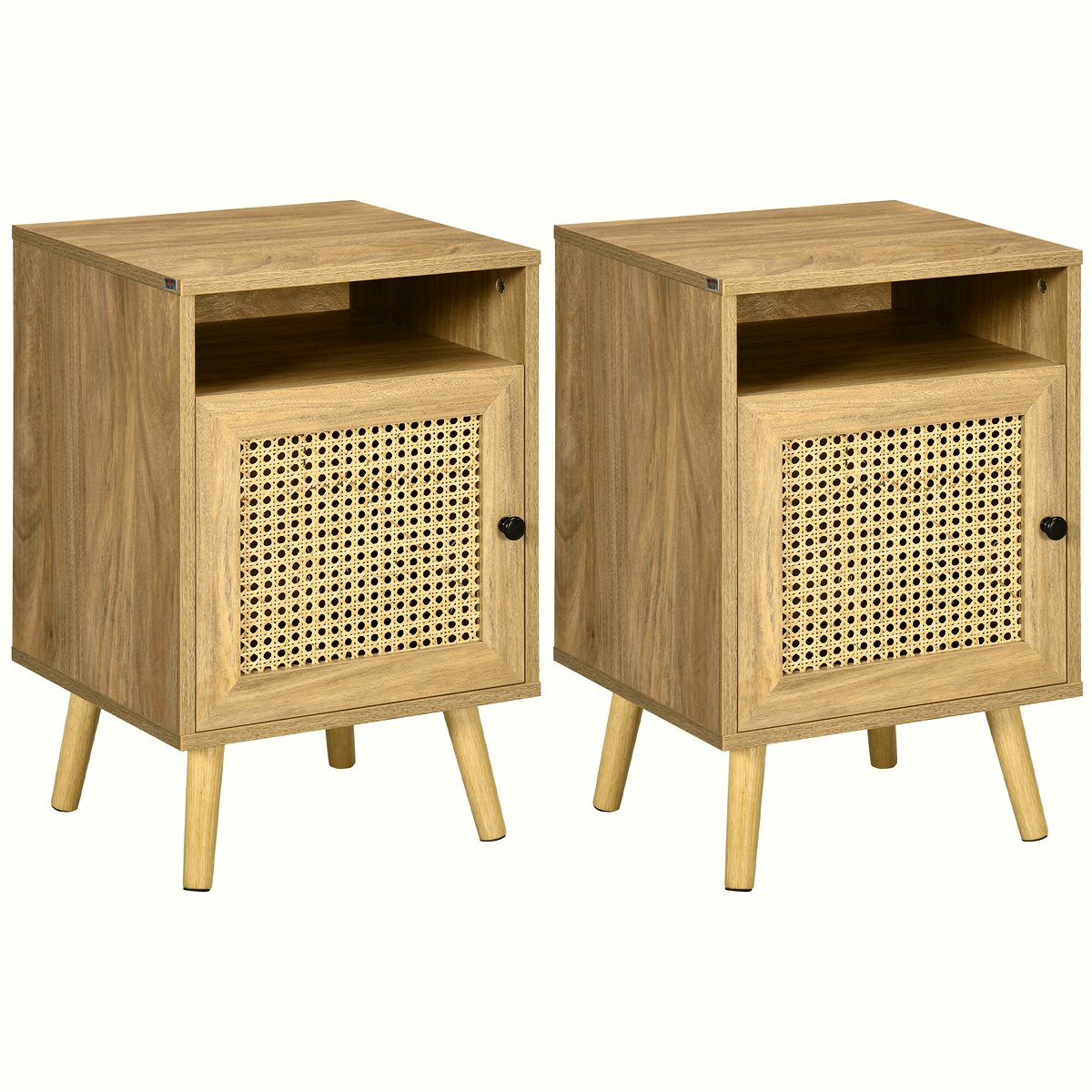 Rattan Bedside Table - Natural Wood Side Table with Storage - Image 1