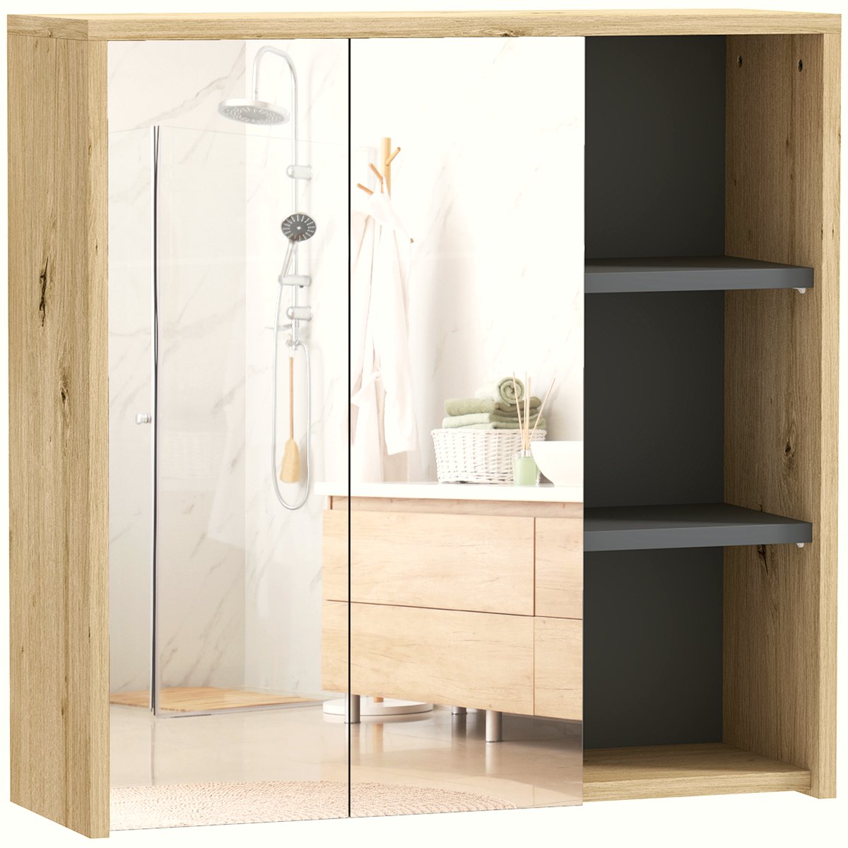 Five-Shelf Mirrored Bathroom Cabinet - Wood-Effect - Image 1