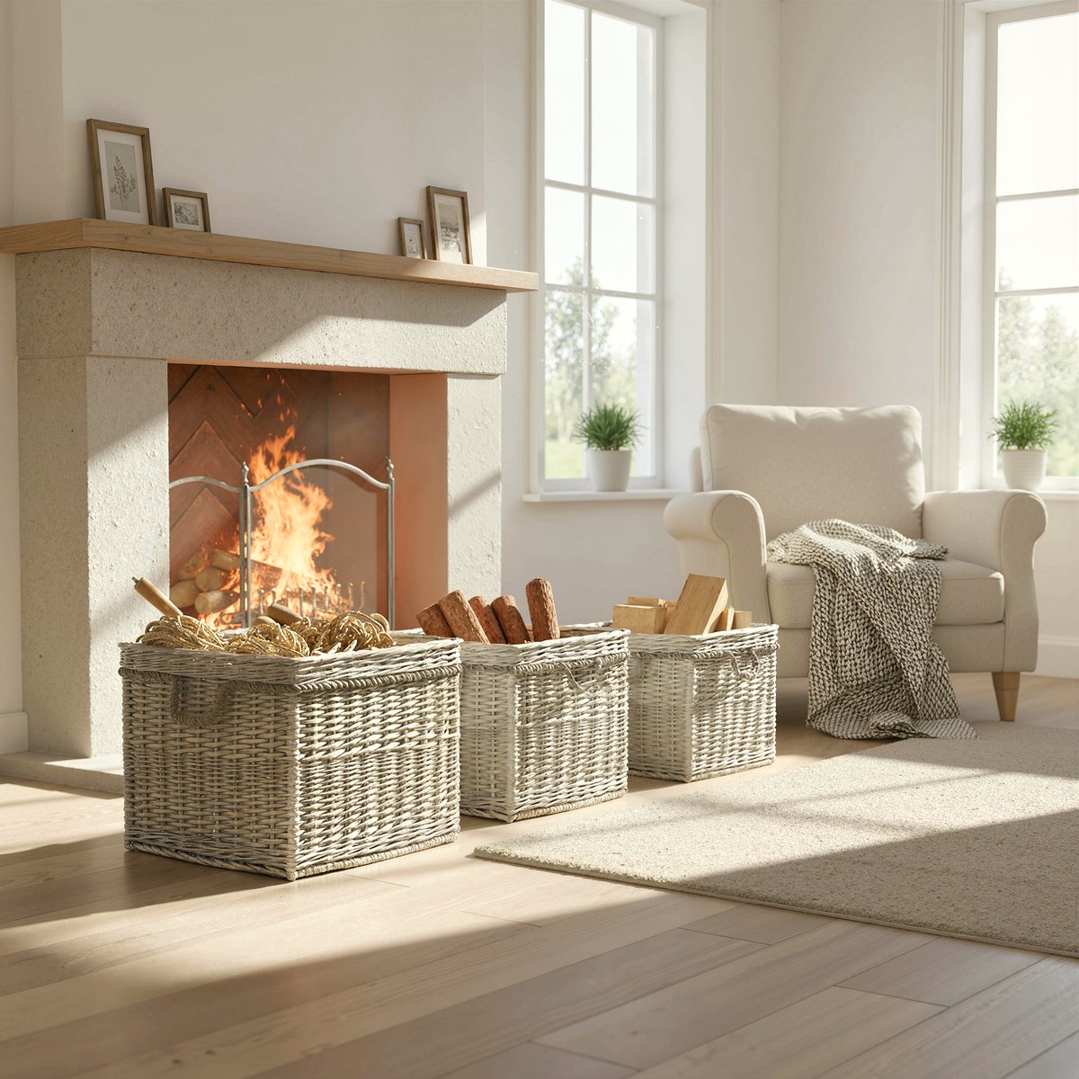 Wicker Log Baskets - Beige Lined Fireside Storage Set - Image 2