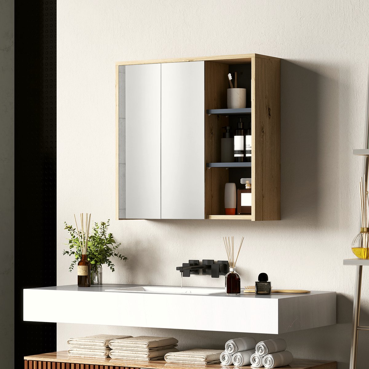 Five-Shelf Mirrored Bathroom Cabinet - Wood-Effect - Image 2