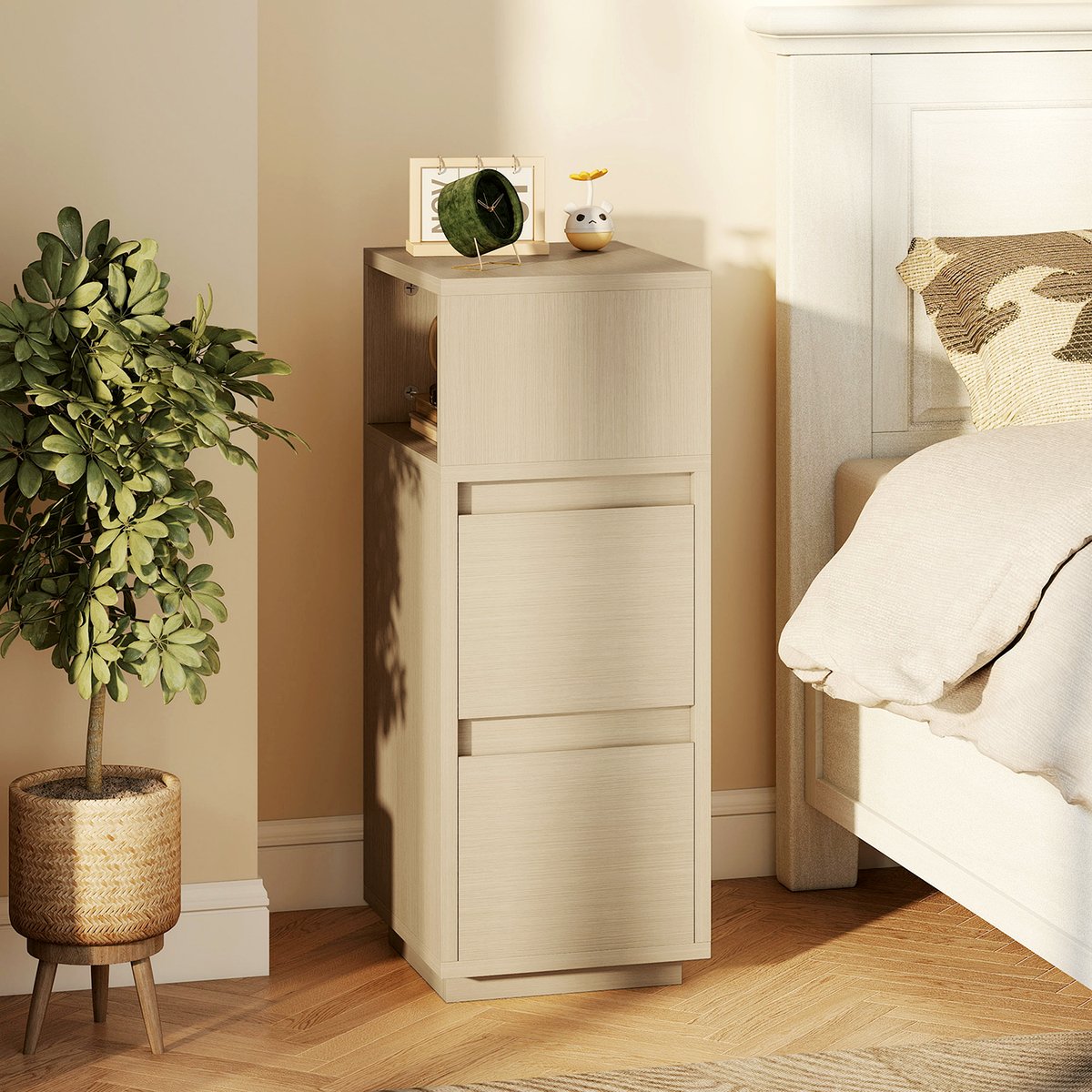 Slim Bedside Table - Natural Wood Storage Solution - Image 2