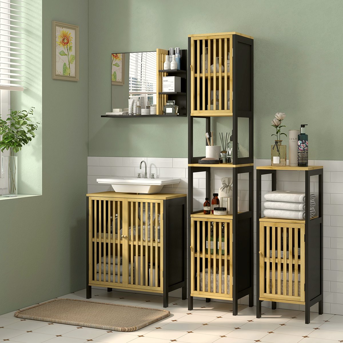 Bamboo Bathroom Storage Unit - Retro Cut-Out Design - Image 2