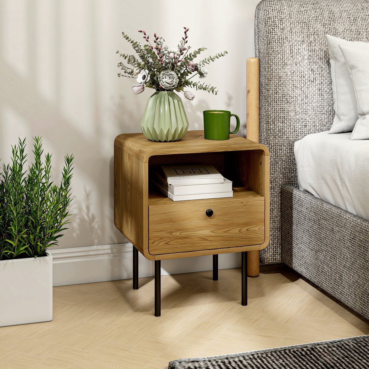Bedside Table - Oak Wood with Drawer and Open Shelf - Image 2