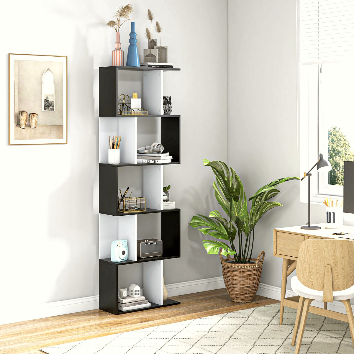 S-Shaped Wooden Bookcase - Contemporary 5-Tier Storage - Image 2