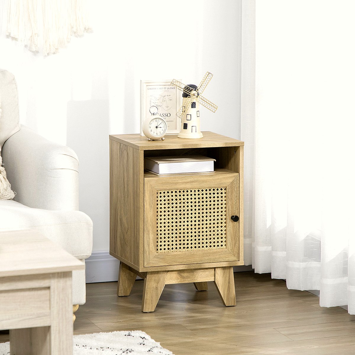 Rattan Nightstand - Natural Wood Side Table with Storage - Image 2