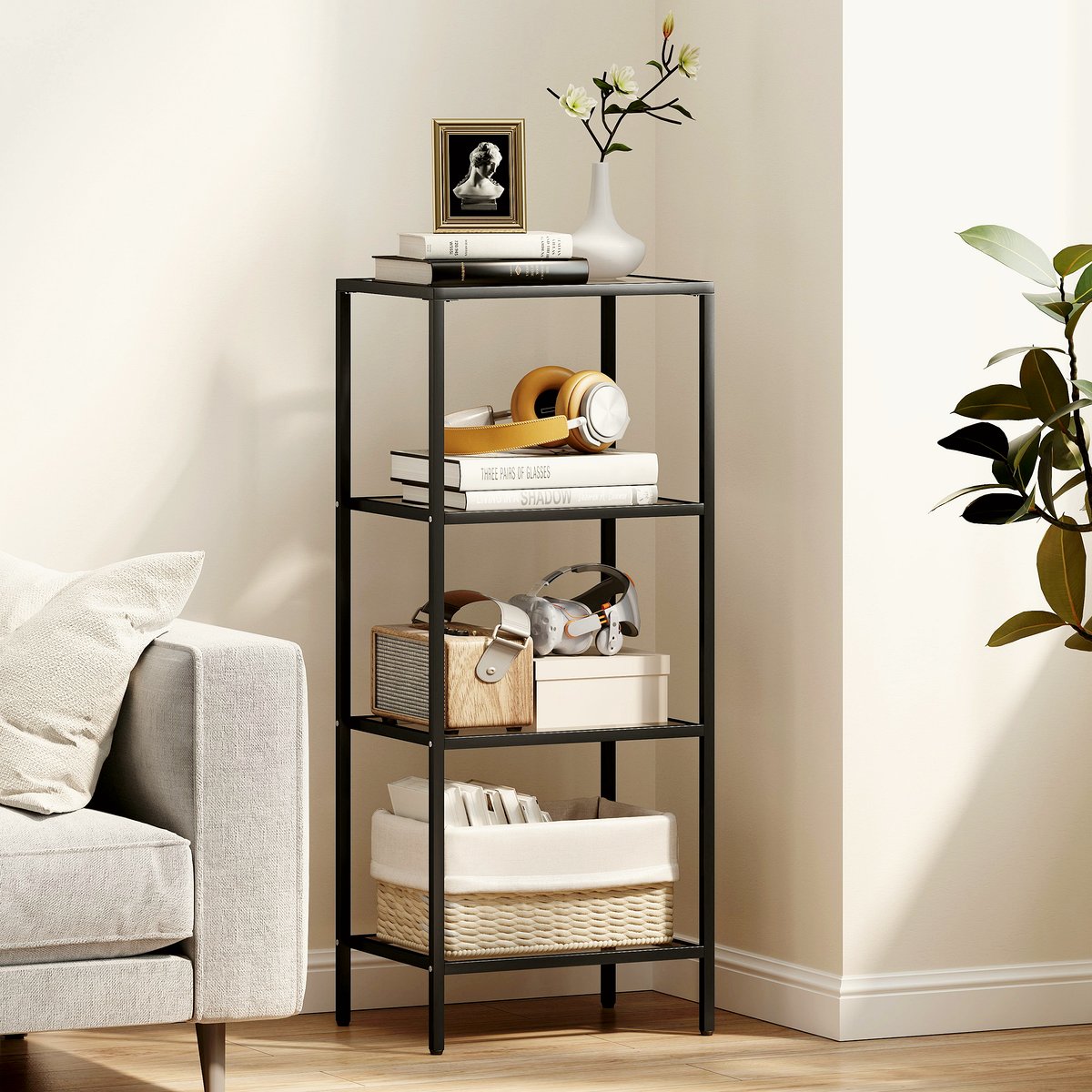 Glass Shelving Unit - Black Frame, 4-Tier Vertical Storage - Image 2