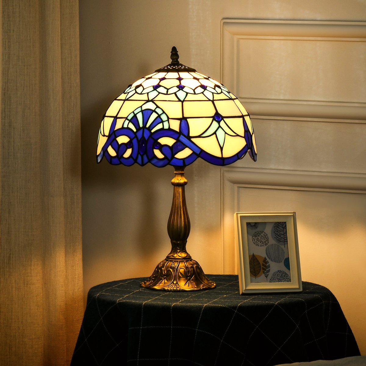 Stained Glass Table Lamp - Handcrafted Blue Antique Design - Image 2