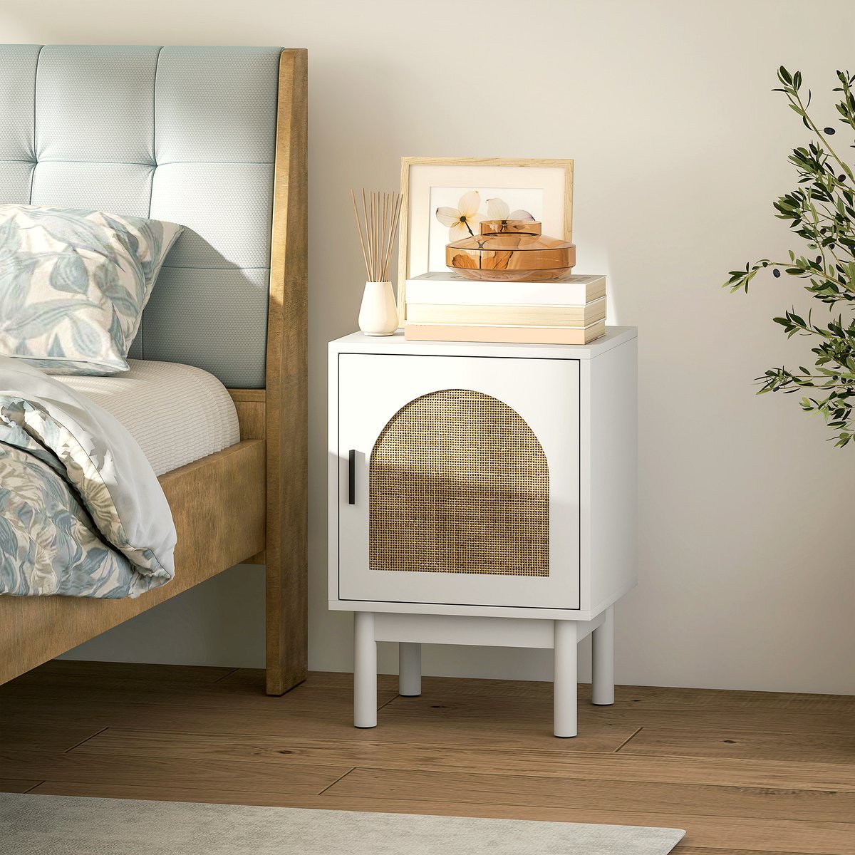 Rattan Bedside Table - White Wood with Arch Door - Image 2