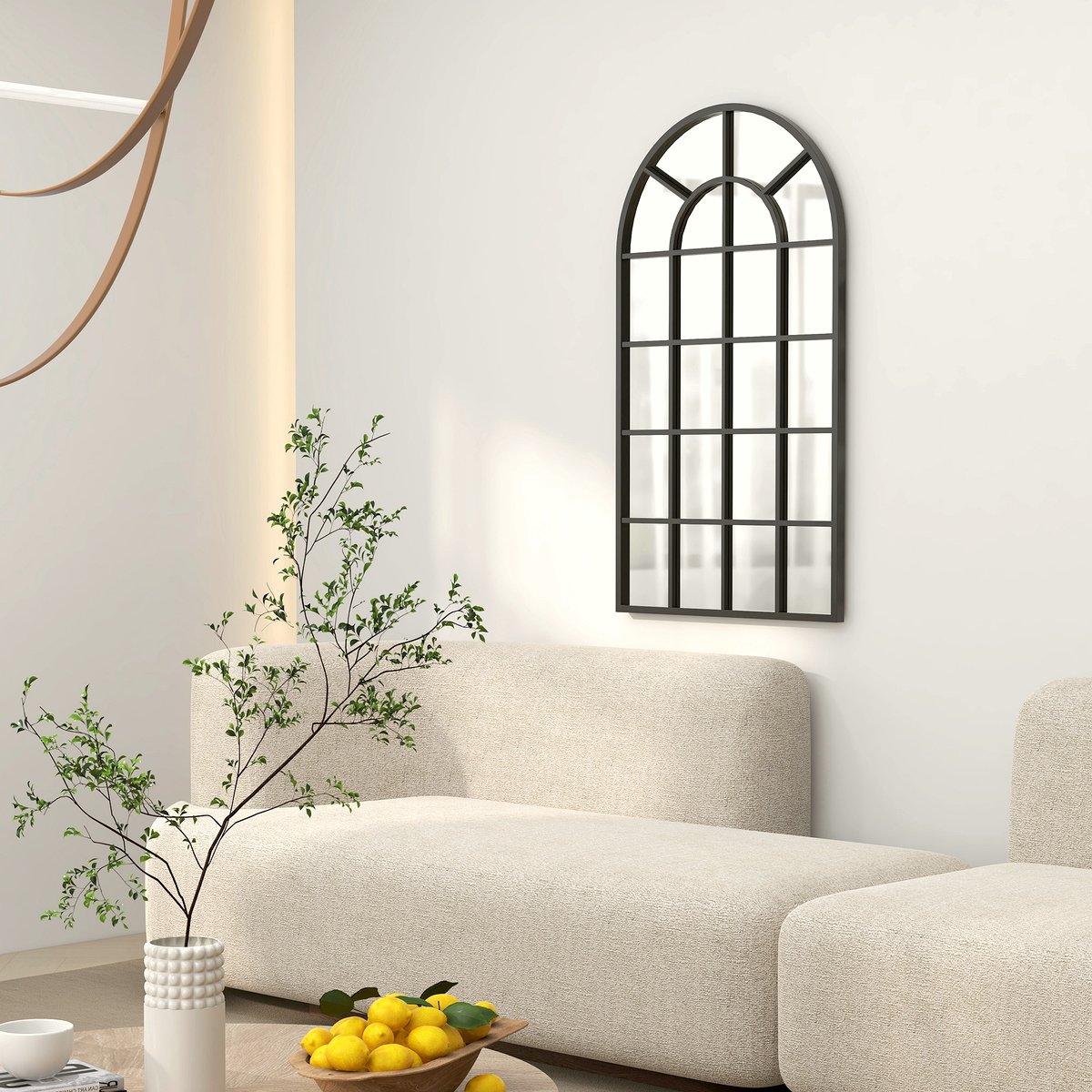 Arched Window Mirror - Gridded Metal Frame in Soft Grey - Image 2