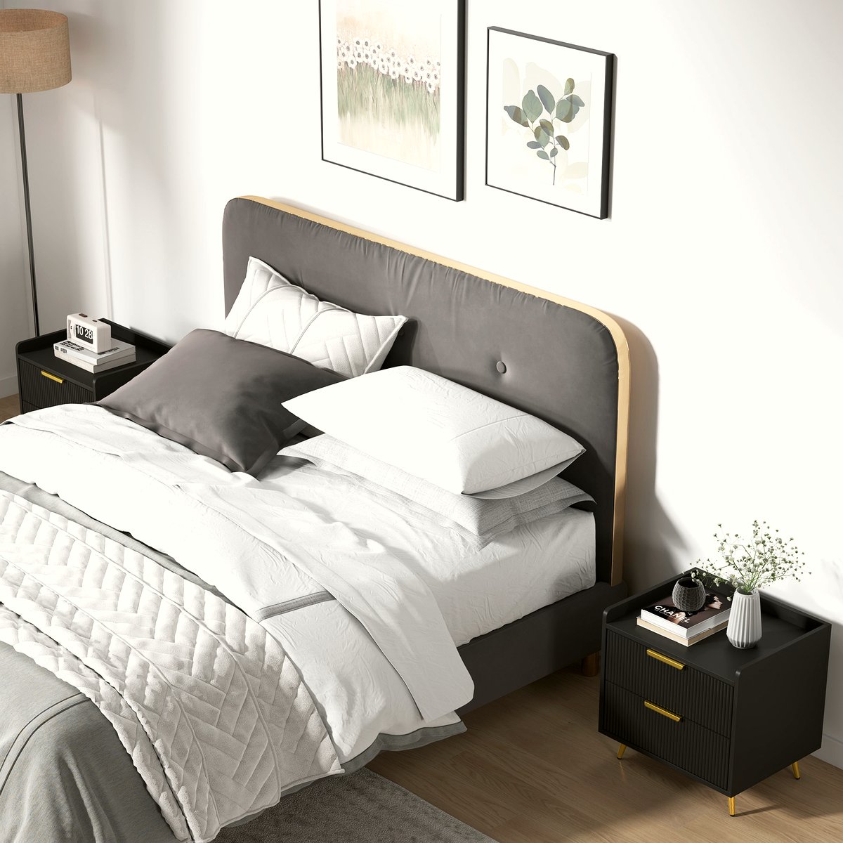 Two-Drawer Bedside Table - Black MDF with Gold Handles - Image 2