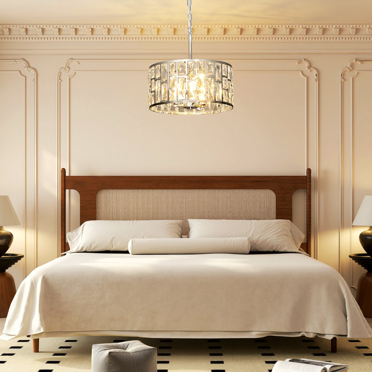 Glass Crystallite Chandelier - Silver-Tone Grid Design - Image 2