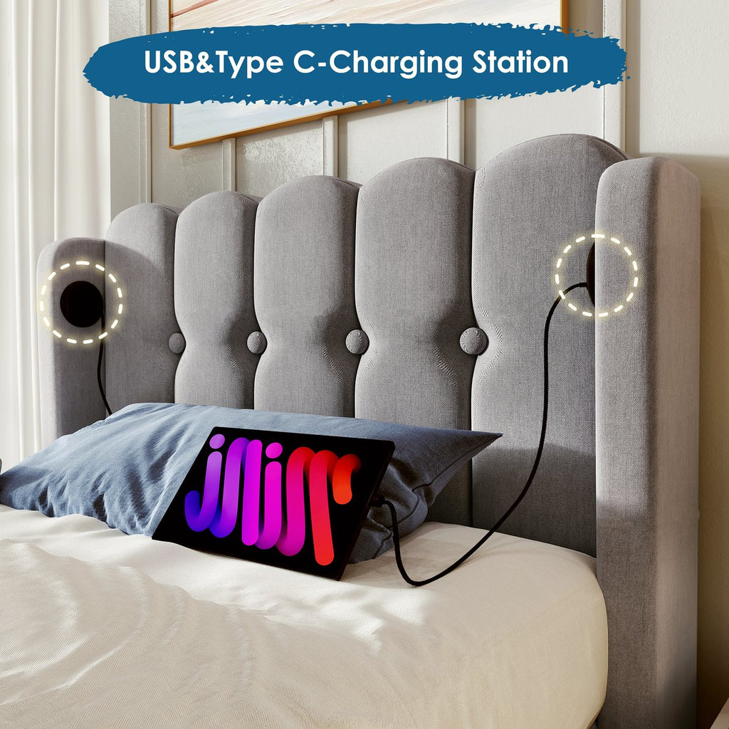 Single Bed - Grey Linen Frame with USB Charging - Image 2