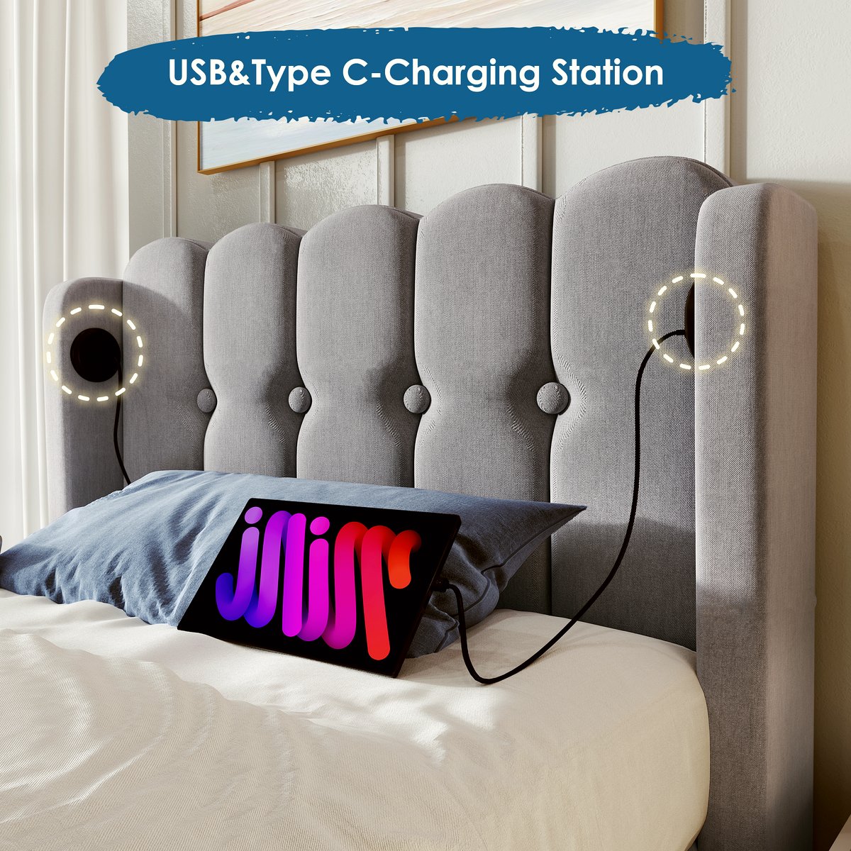 Single Bed - Grey Linen Frame with USB Charging - Image 2