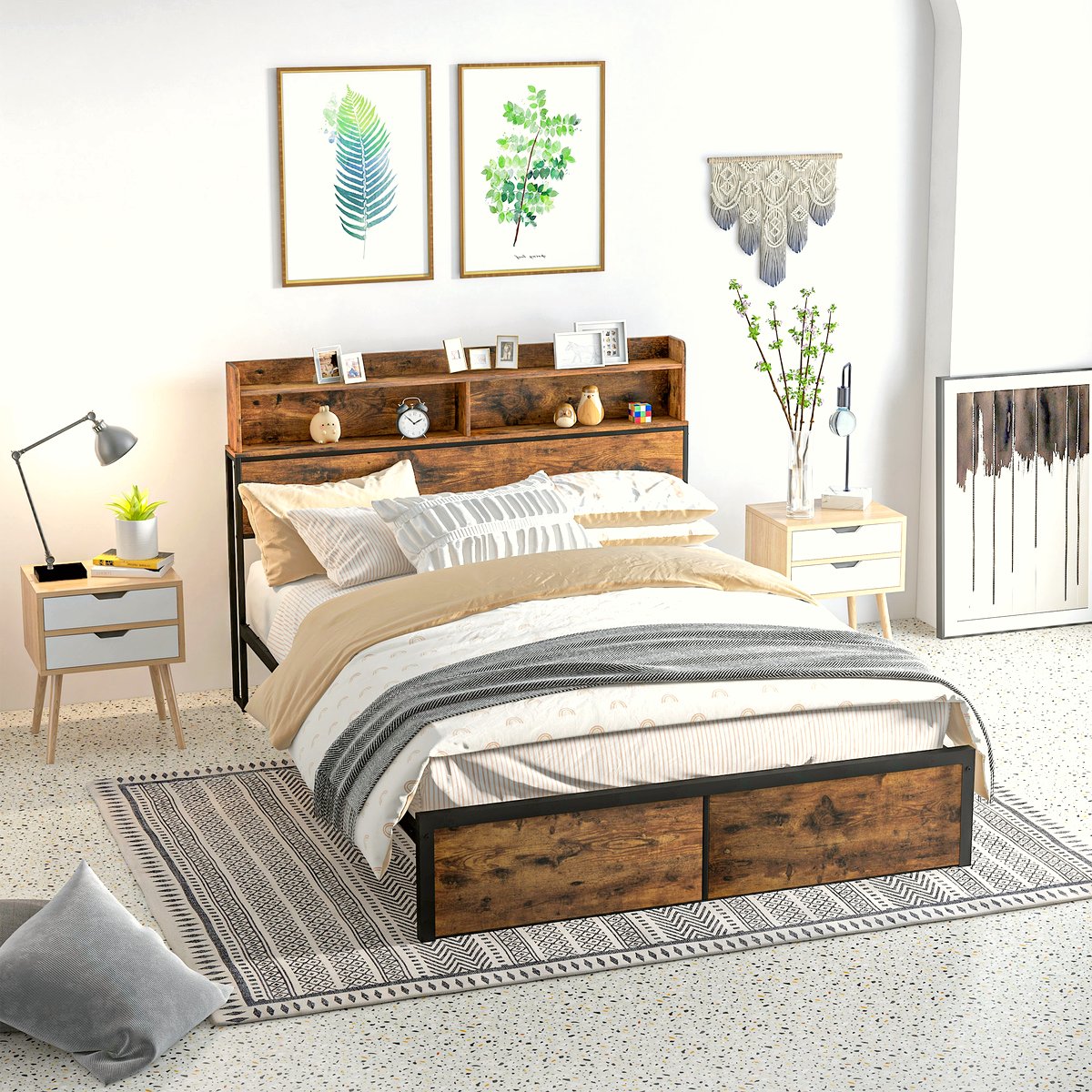 Industrial Steel King Bed - Rustic Brown Storage Frame - Image 2