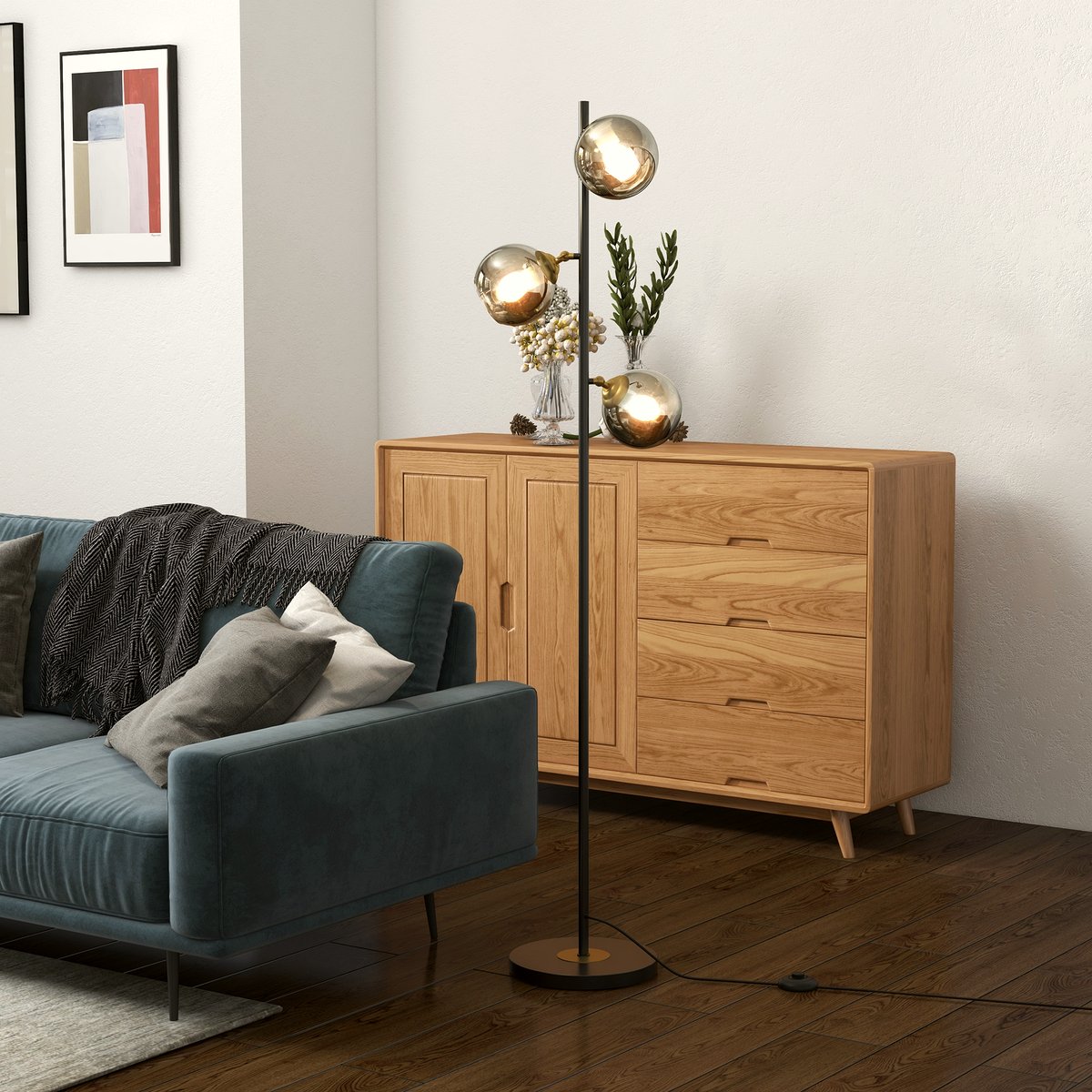 Tree Floor Lamp - Grey Metal with 3 Adjustable Glass Shades - Image 2