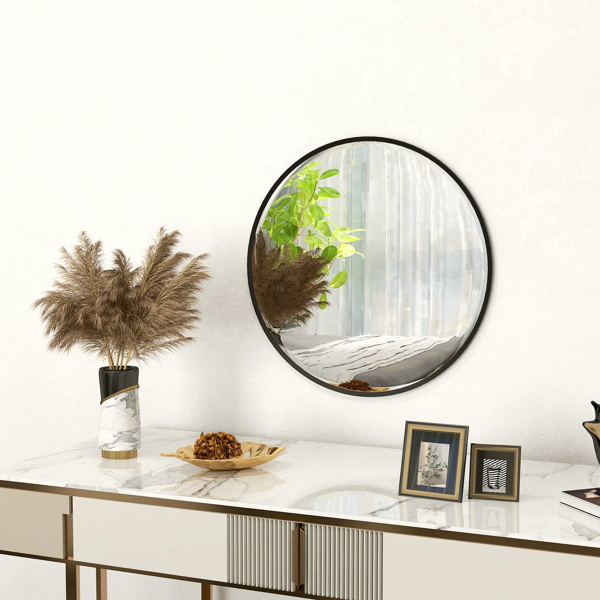 Round Wall Mirror - Black Aluminum Frame Modern Design - Image 2