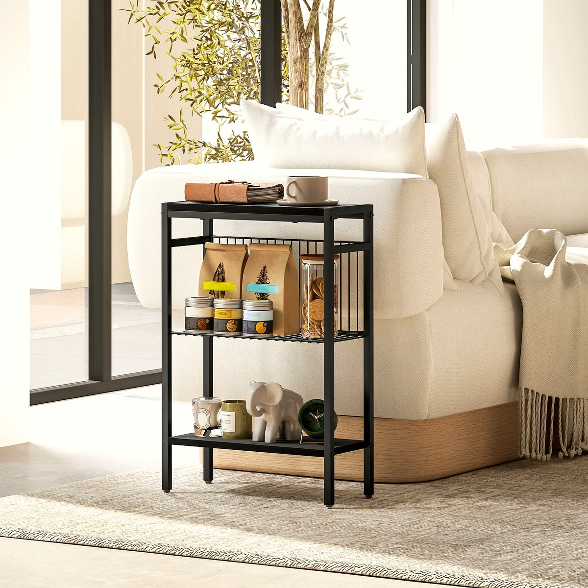 Industrial Side Table - Black Steel Three-Tier Design - Image 2