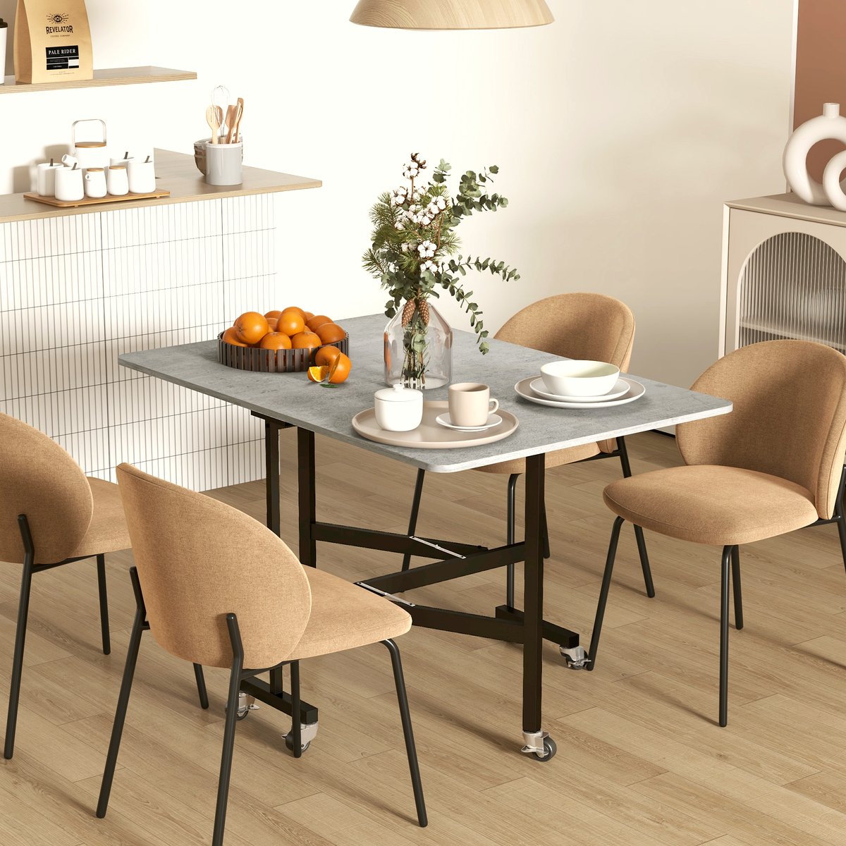 Drop Leaf Dining Table - Grey Marble with Steel Wheels - Image 2