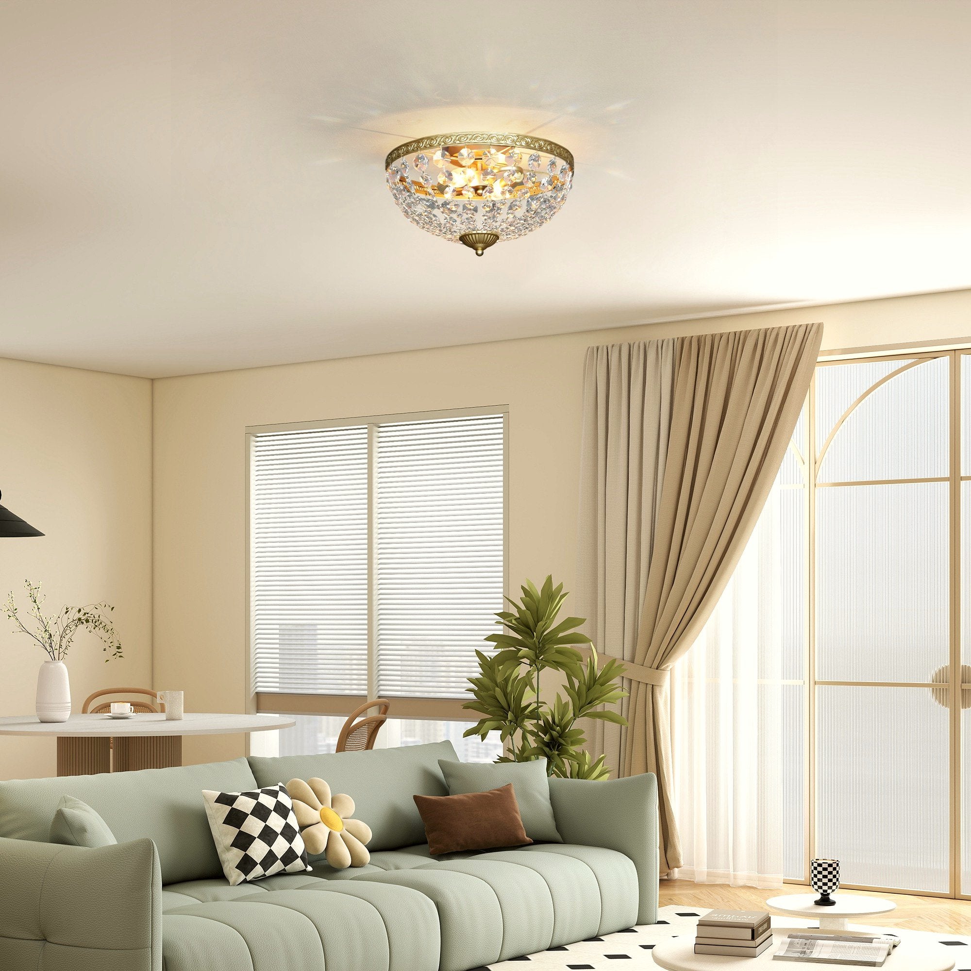 Crystal Ceiling Light - Gold Tone Vintage 2-Light Flush Mount - Image 2