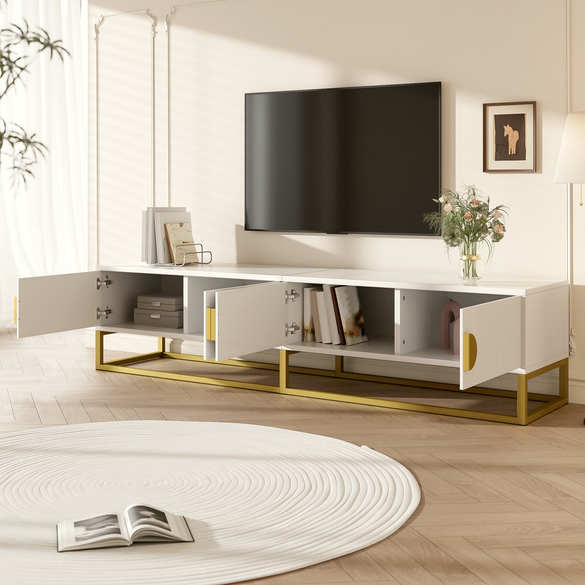 White TV Cabinet - Modern 180cm Storage with Gold Handles - Image 2