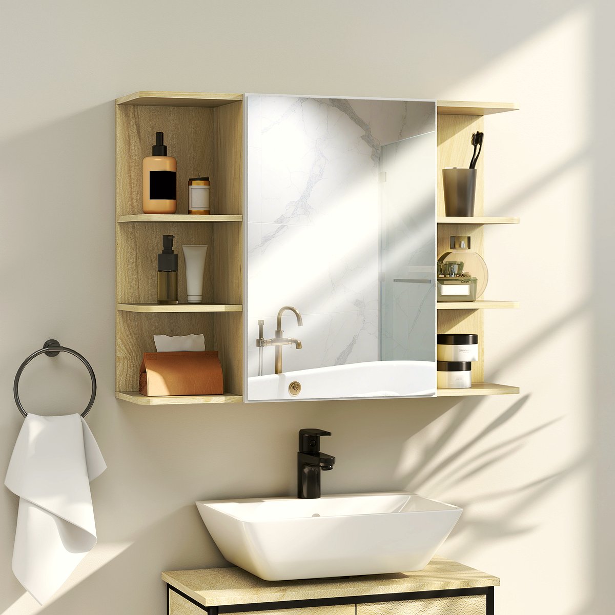 Bathroom Mirror Cabinet - Natural Wood Open Storage - Image 2