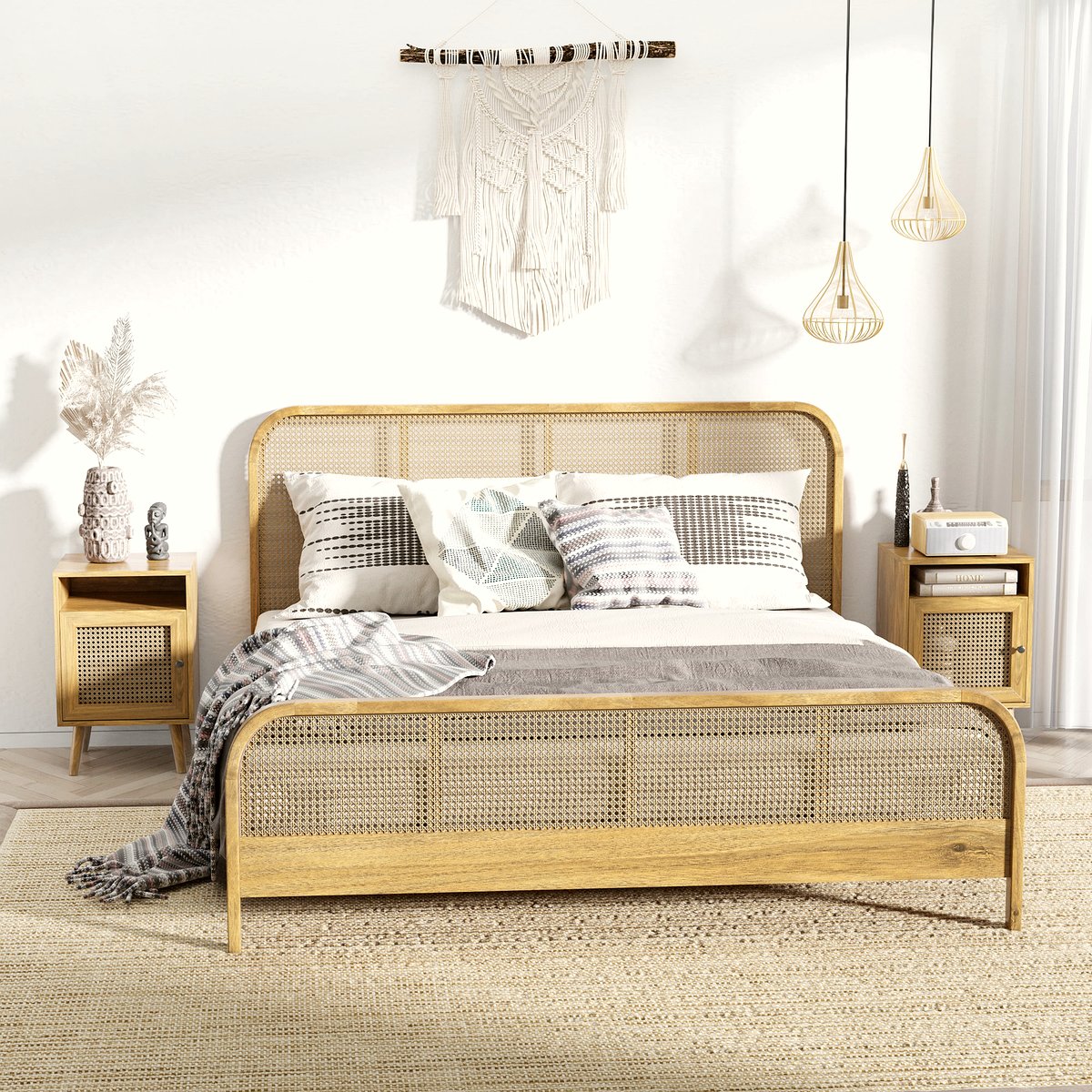 Rattan Bedside Table - Natural Wood Side Table with Storage - Image 2