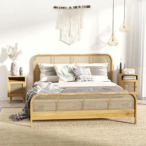 Rattan Bedside Table - Natural Wood Side Table with Storage - Image 2