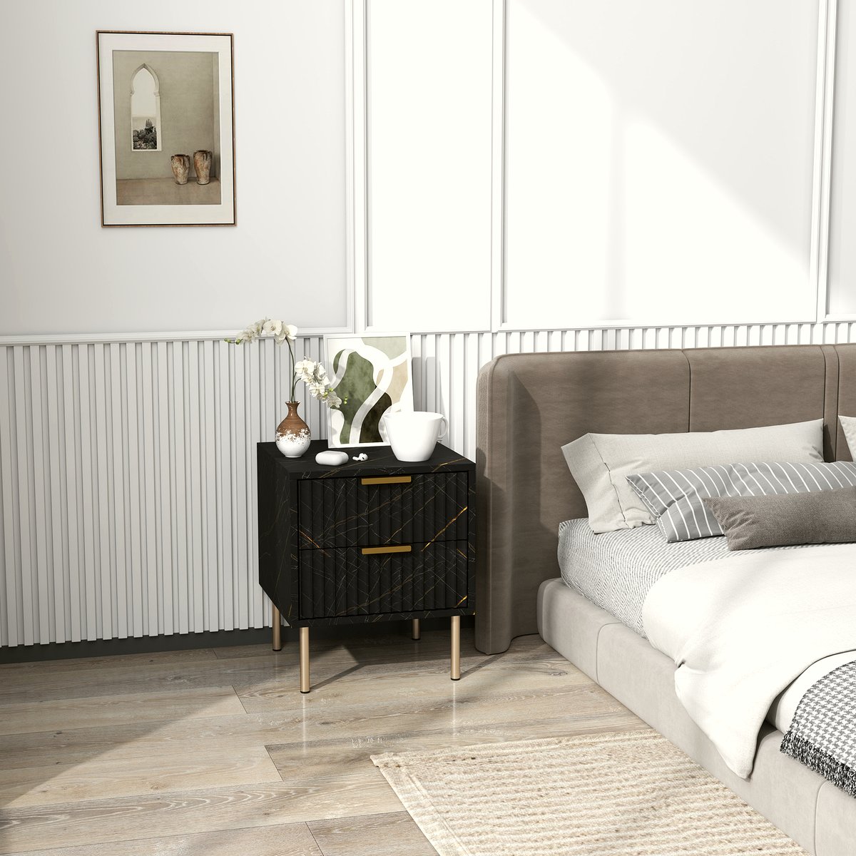 Two-Drawer Bedside Table - Marble-Inspired Design - Image 2