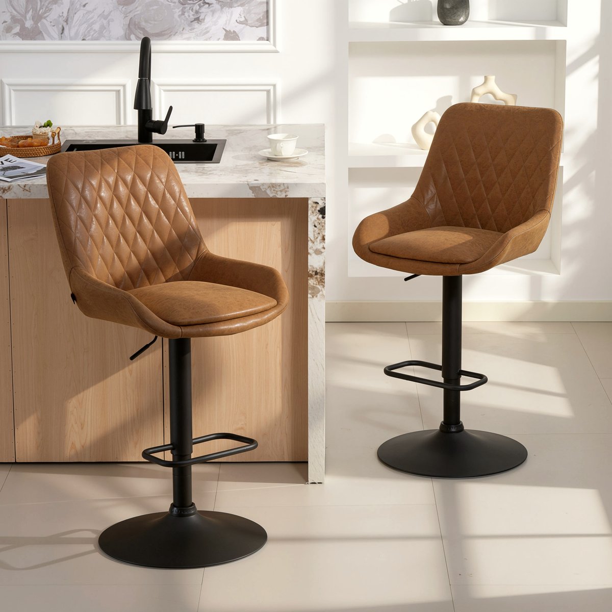 Retro Bar Stools - Orange Faux Leather Swivel Design - Image 2