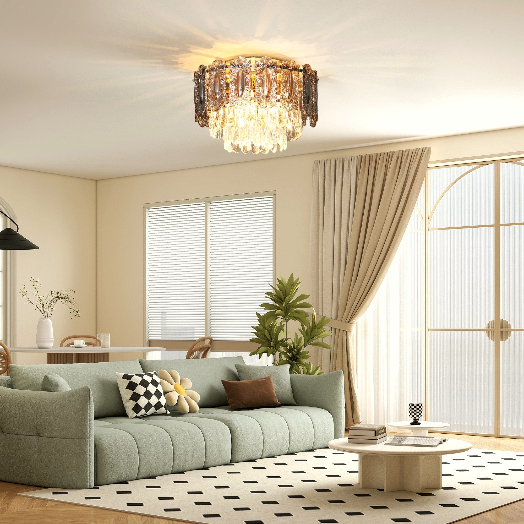 Vintage Chandelier - 3-Light Crystal and Smoke Glass Fixture - Image 2