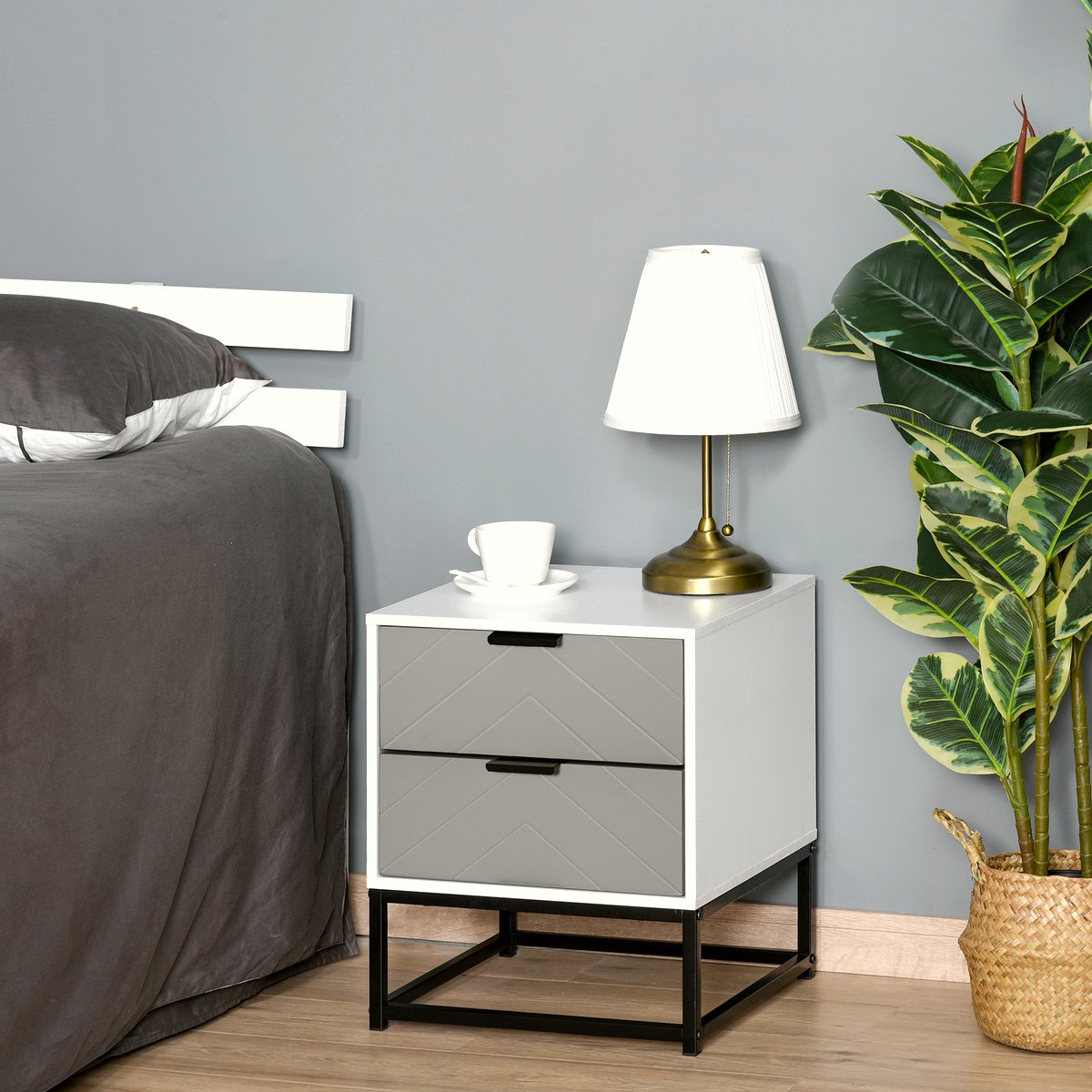 Bedside Cabinet - Grey Chevron Storage with Metal Base - Image 2
