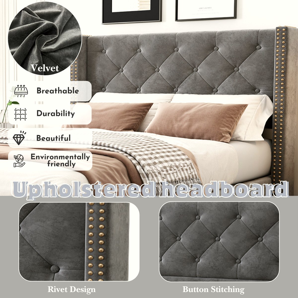 Velvet Single Bed - Grey Button Tufted with Wooden Legs - Image 2