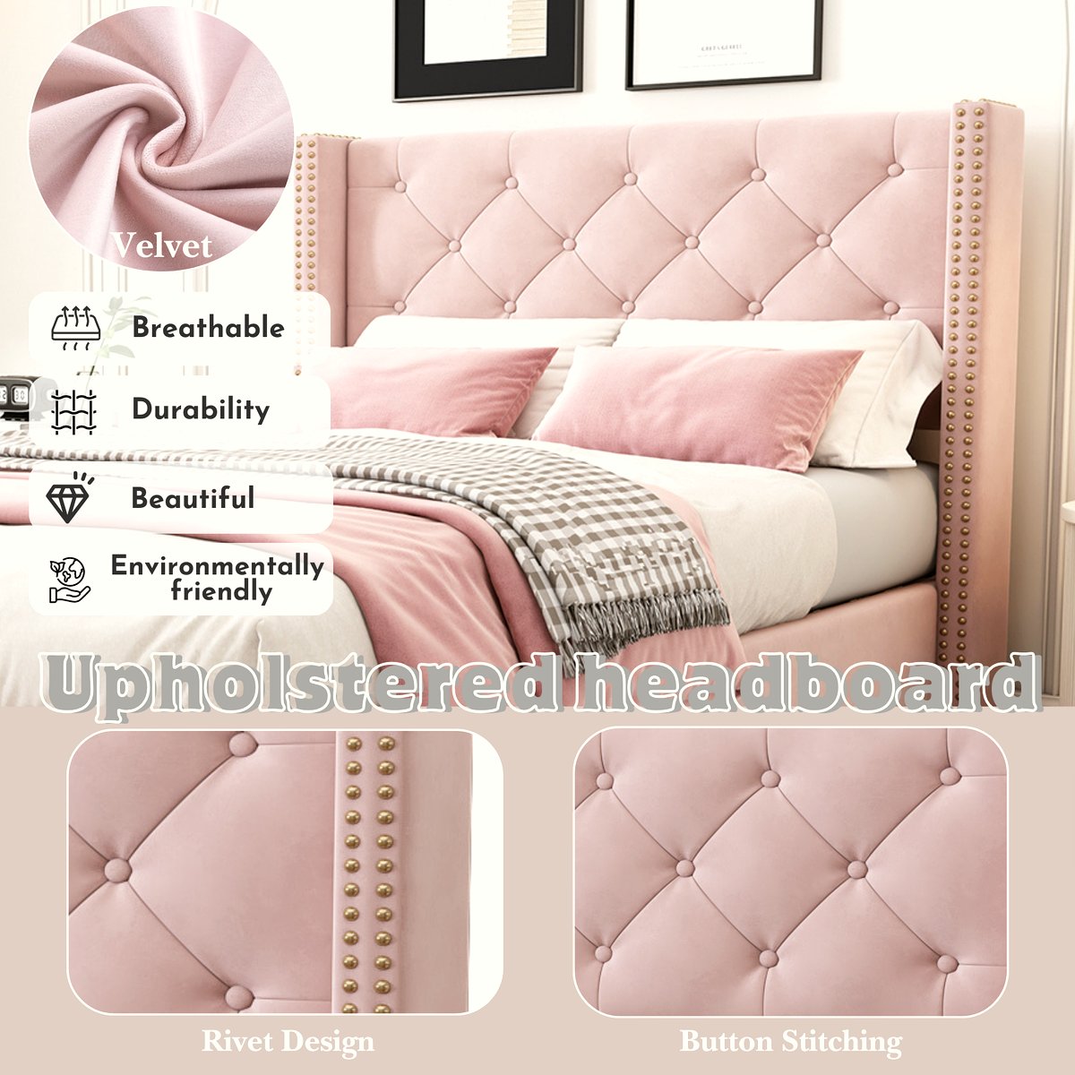 Pink Velvet Single Bed - Button Tufted with Wooden Legs - Image 2