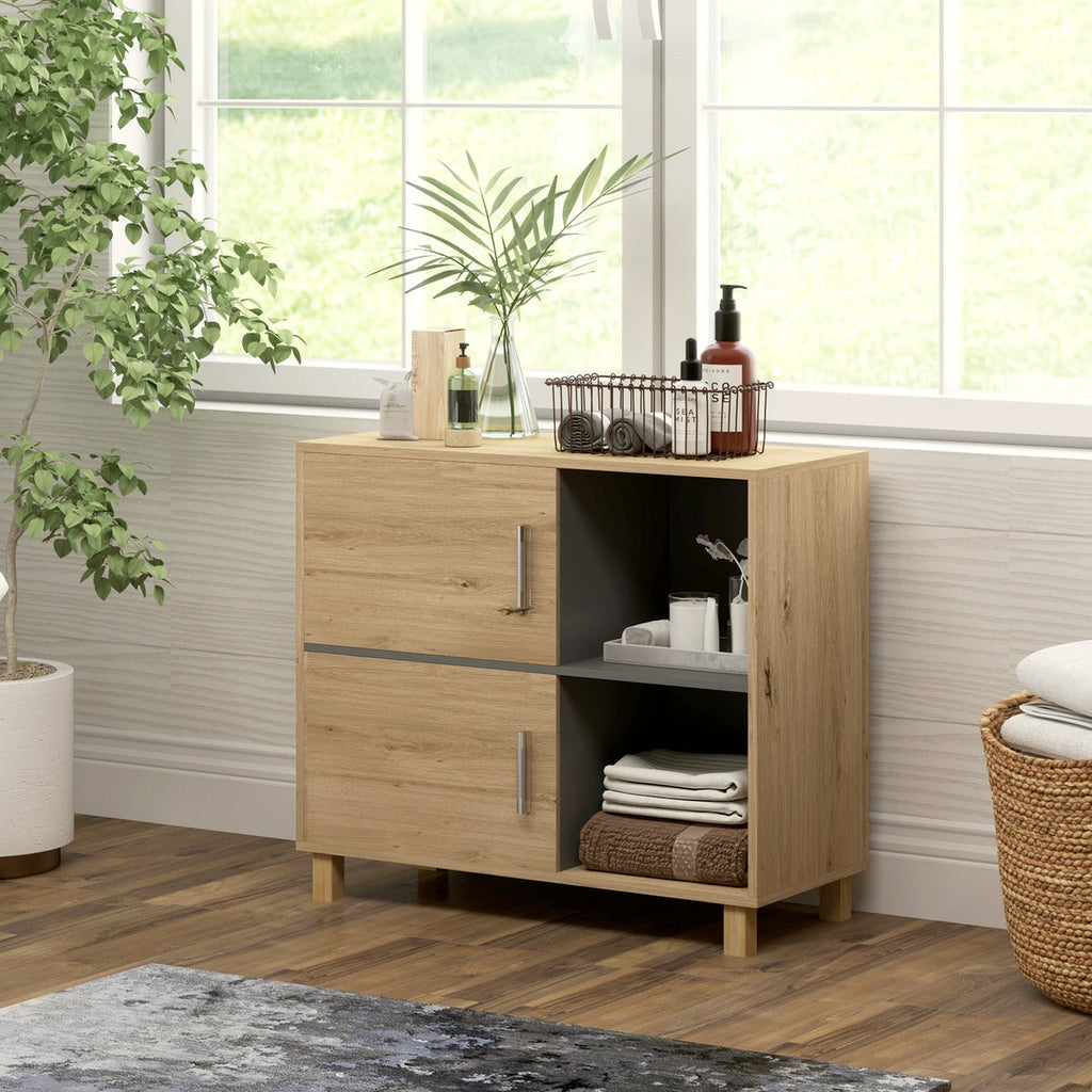 Wooden Bathroom Cabinet - Open Shelves with Double Doors - Image 2