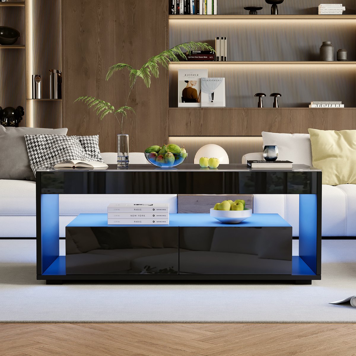 Modern LED Coffee Table - Black Glass with Storage - Image 2