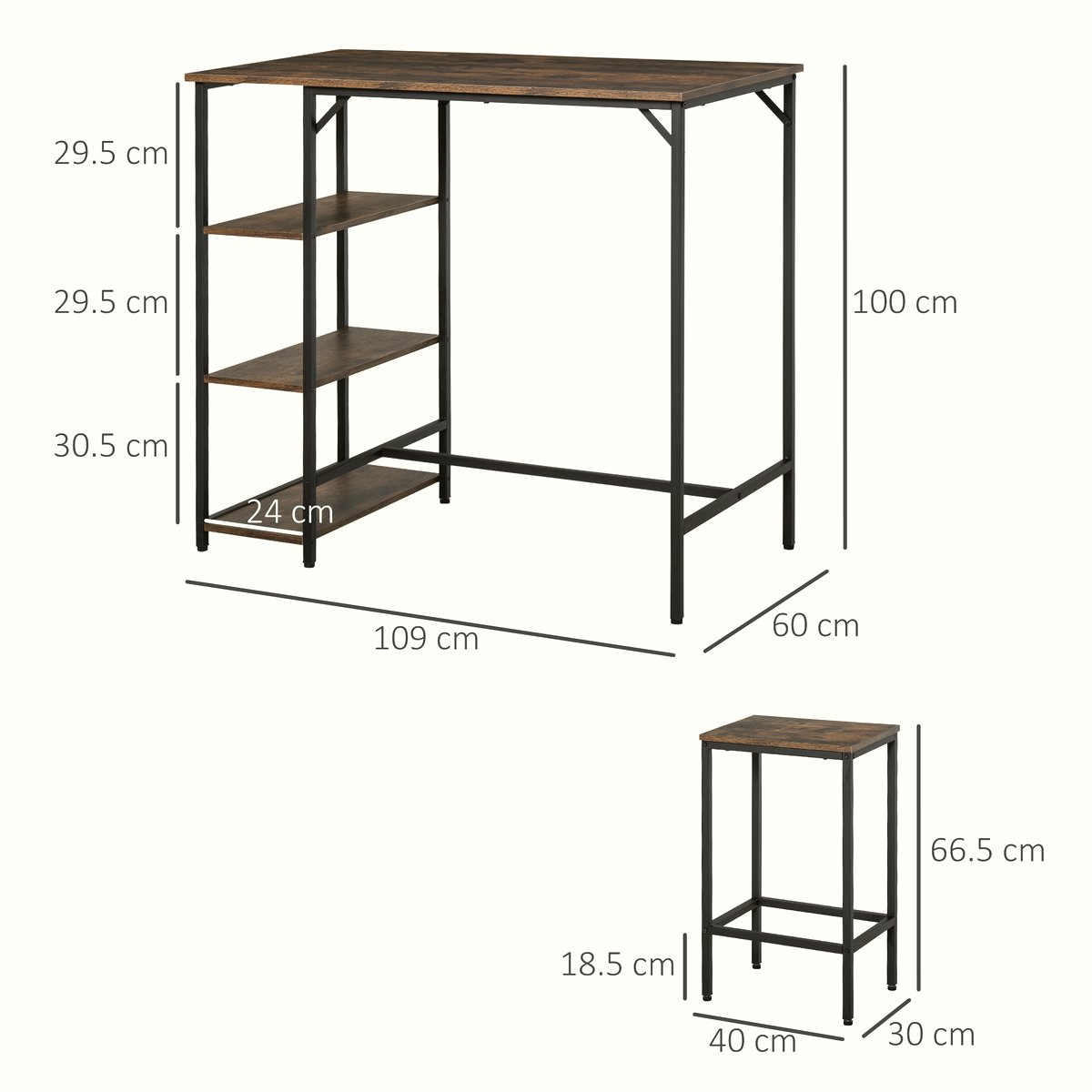 Industrial Bar Height Dining Table - Steel Frame with Shelves - Image 3