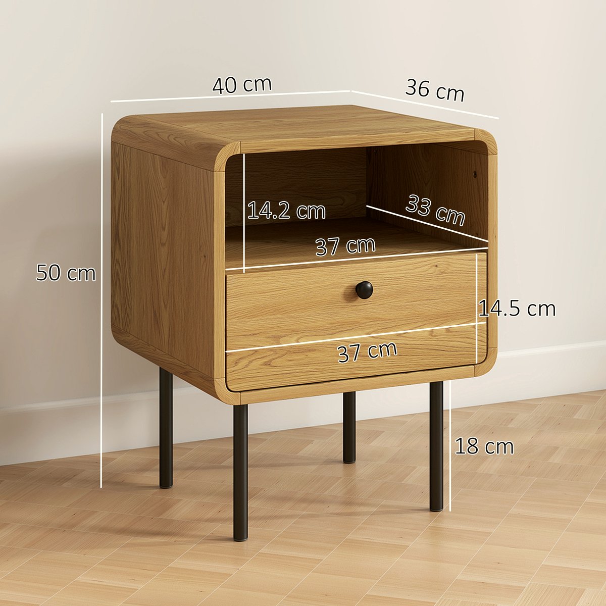 Bedside Table - Oak Wood with Drawer and Open Shelf - Image 3