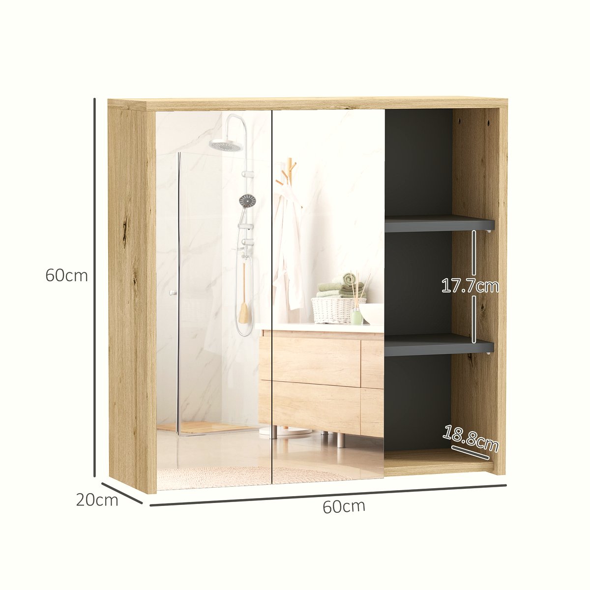 Five-Shelf Mirrored Bathroom Cabinet - Wood-Effect - Image 3
