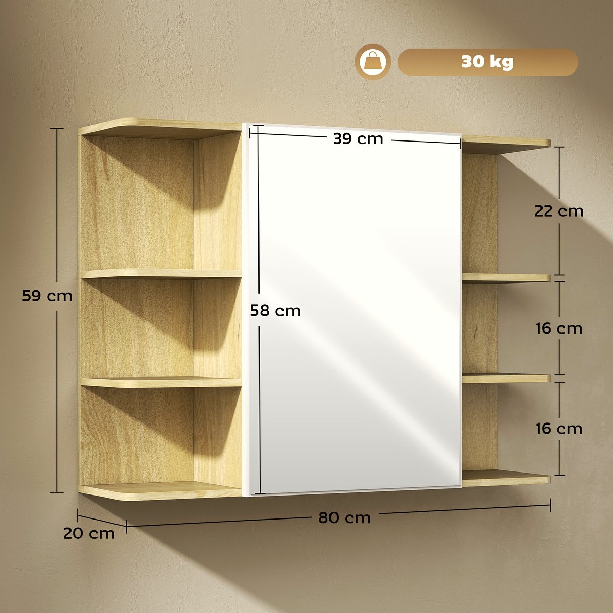 Bathroom Mirror Cabinet - Natural Wood Open Storage - Image 3
