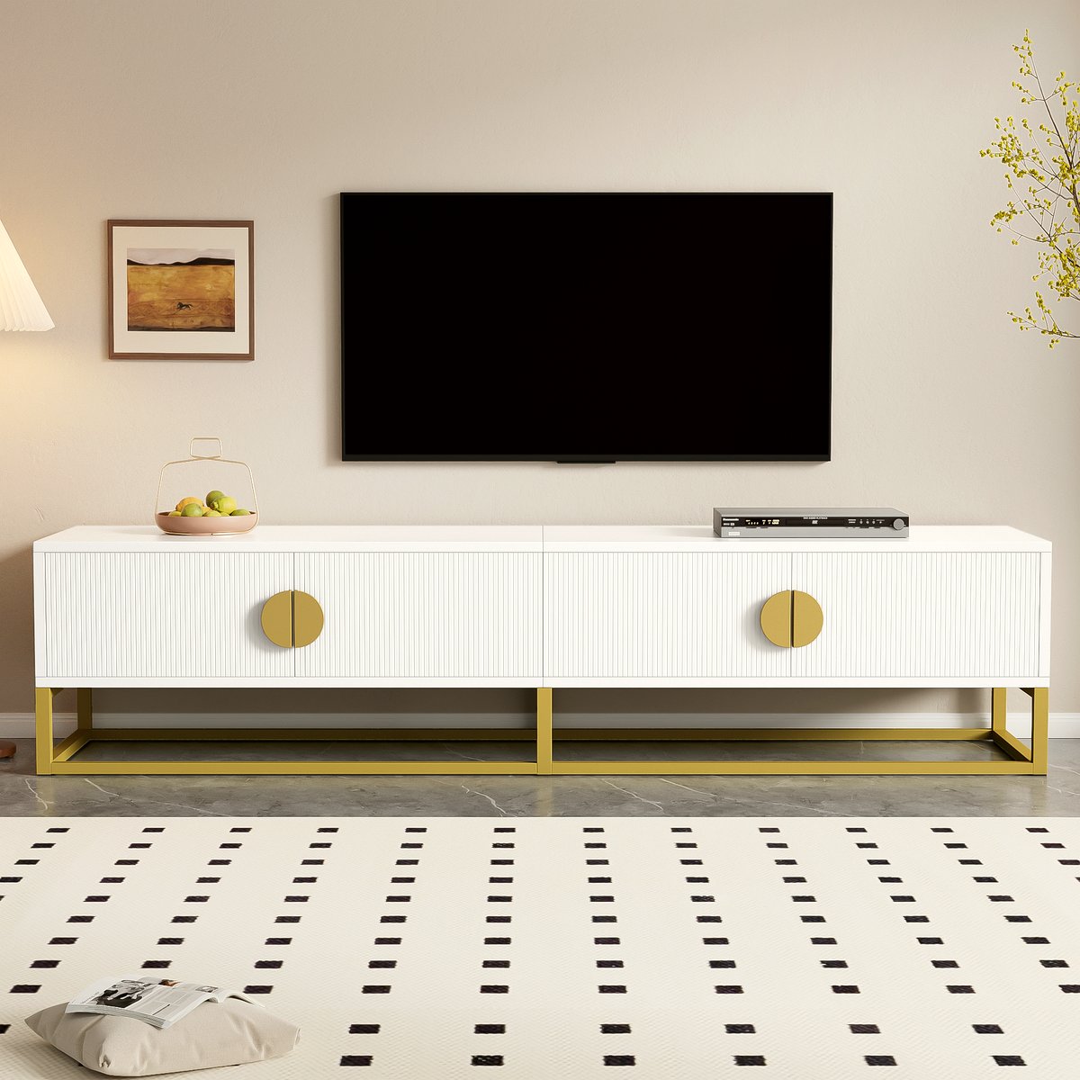 White TV Cabinet - Modern 180cm Storage with Gold Handles - Image 3