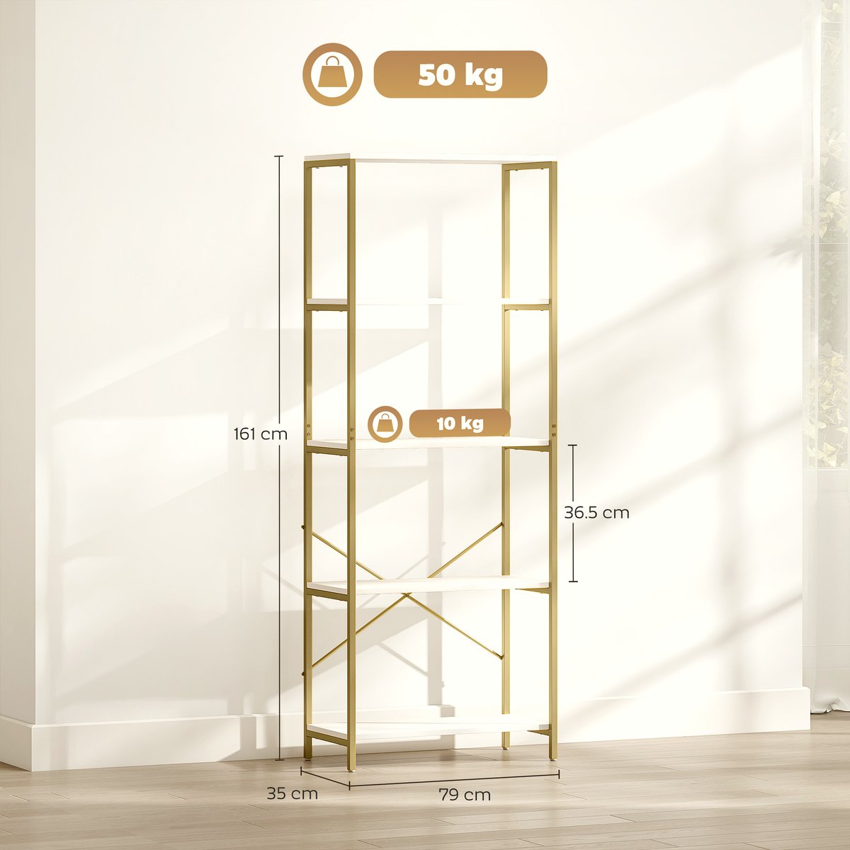 5-Tier Bookshelf - Modern Metal Frame in White and Gold - Image 3