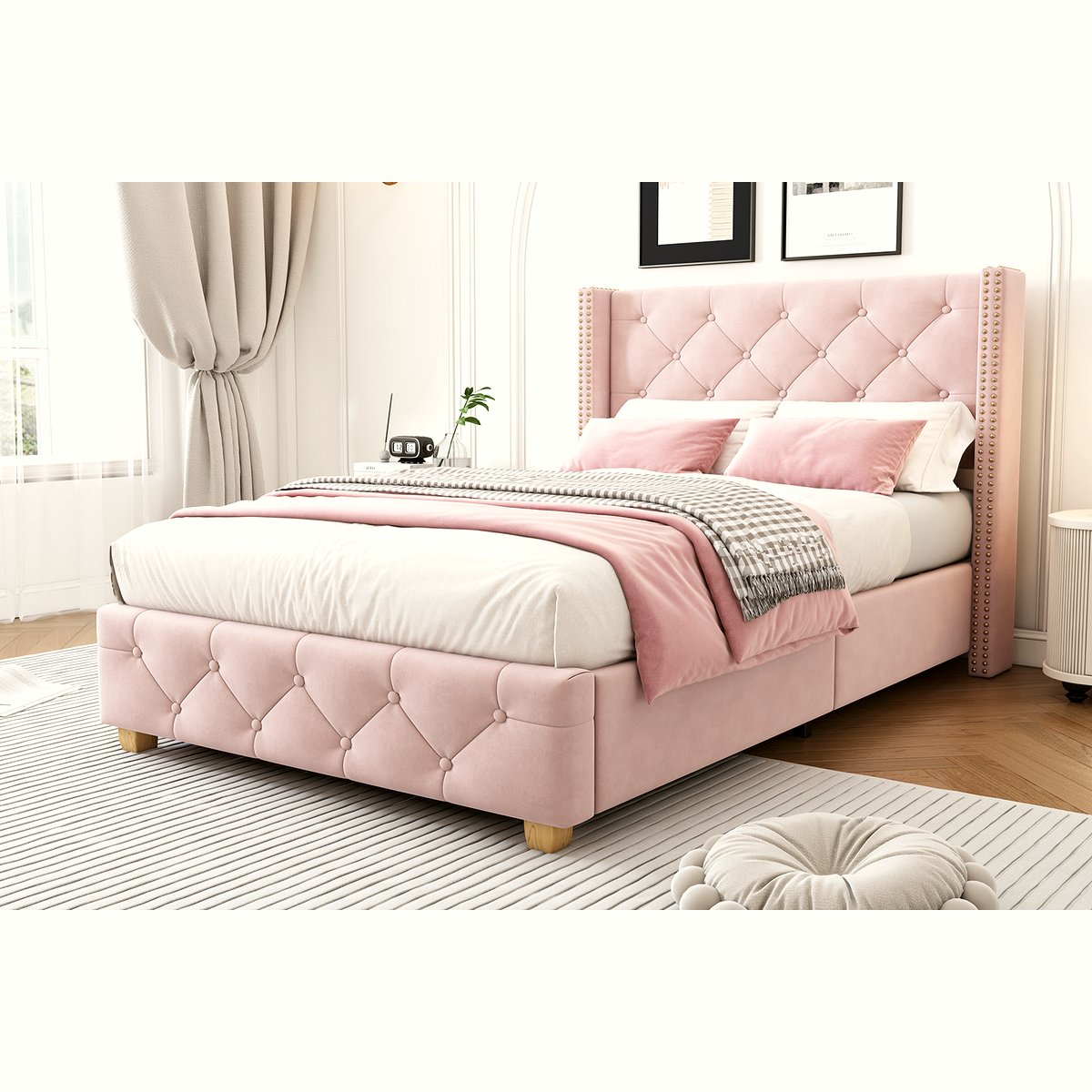 Pink Velvet Single Bed - Button Tufted with Wooden Legs - Image 3